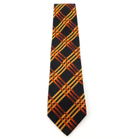 ESCADA Black w/ Gold & Orange Cross Pattern Italian Silk Neck Tie